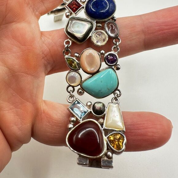 7.5" Mult-gemstone and shell stamped sterling silver bracelet! - Picture 13 of 14